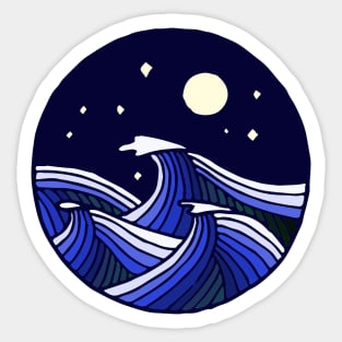 Line drawing: Stylized waves in moonlight in blue and white Sticker